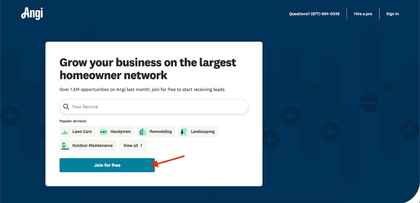 The home screen of the Angi Pro website with the prompt to sign up for an account.