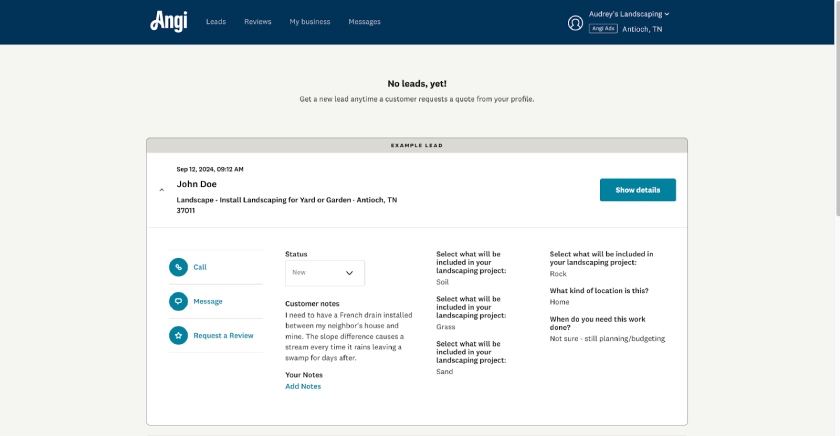 The "Leads" tab of your Angi Pro dashboard with a built-in CRM platform.
