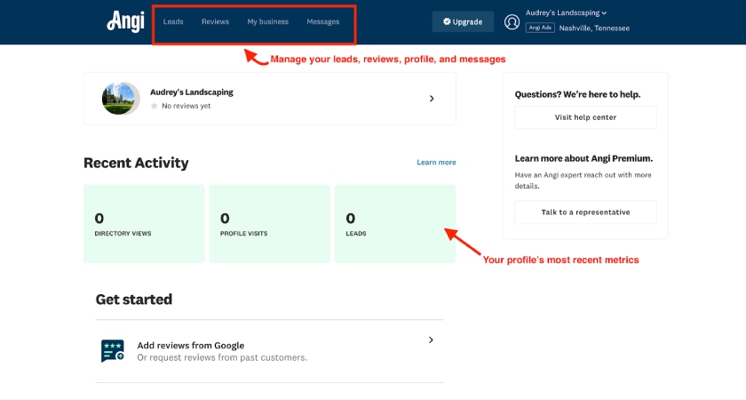 The main Angi Pro dashboard with your recent activity and metrics and tabs for your leads, reviews, business profile, and messages.