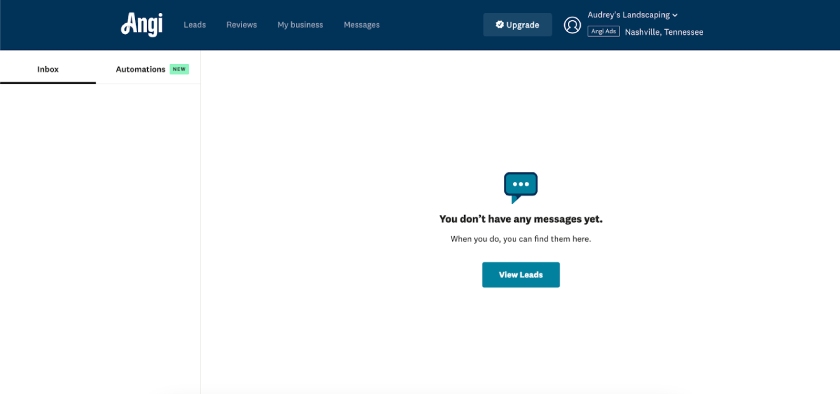 The "Messages" tab of your Angi Pro dashboard showing your messages and automation.