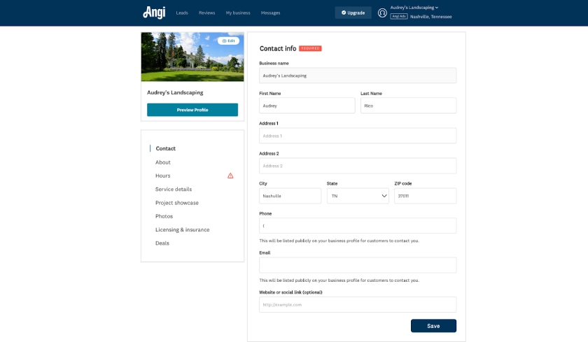 The "My Business" tab of your Angi Pro dashboard with options to edit your business details.