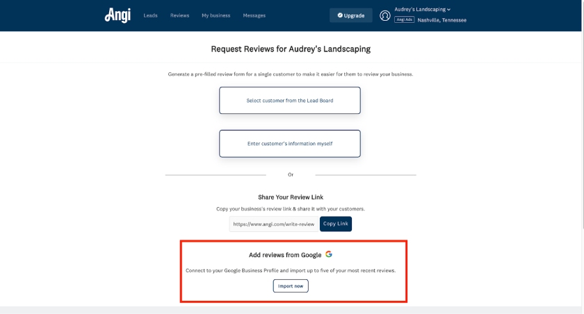 The option to connect your Google Business Profile with your Angi profile.