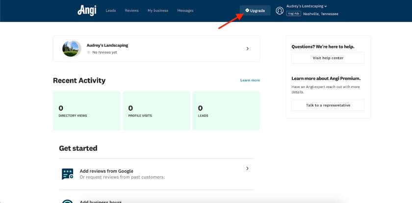 The "Upgrade" button on the upper right corner of your Angi dashboard.