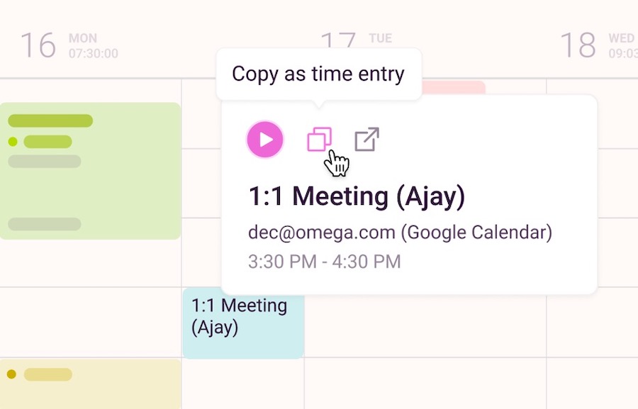 Calendar event showing options to start tracking time in Toggl Track.