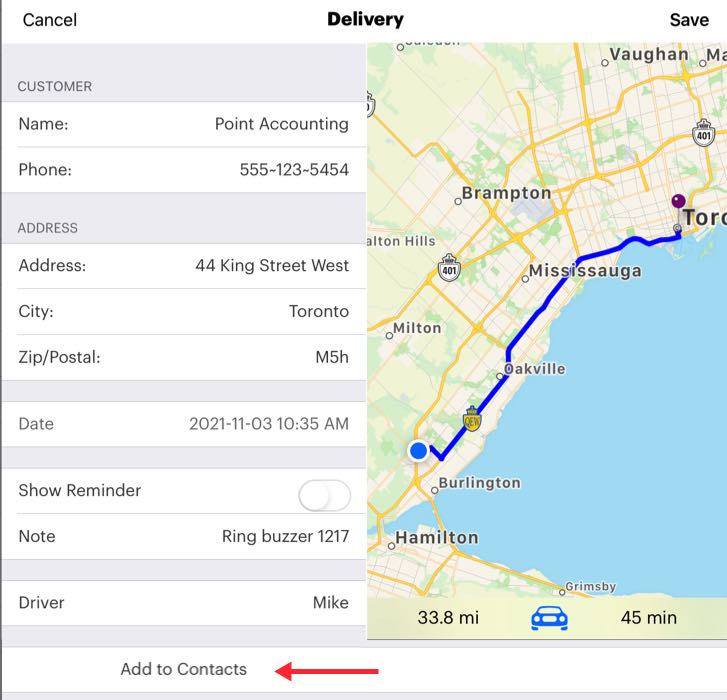 Screenshot of the TouchBistro POS delivery information screen showing a suggested driving route.