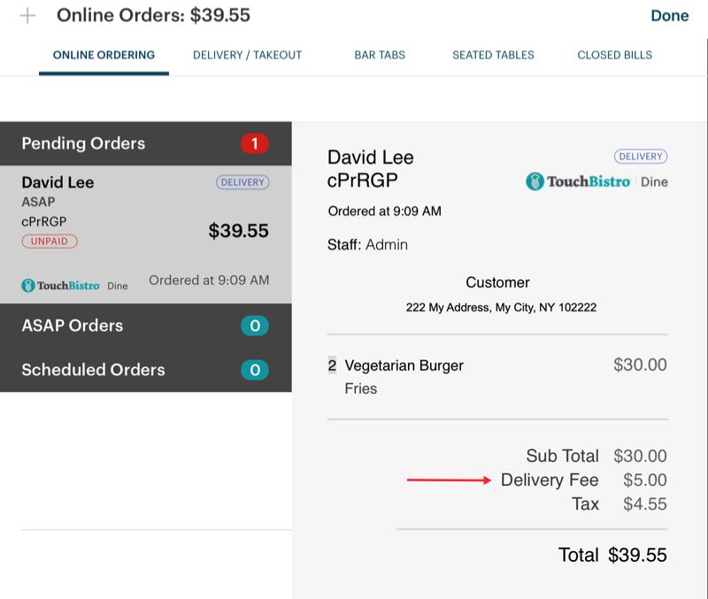 Screenshot of the TouchBistro POS online ordering dashboard, displaying an active customer order and receipt.