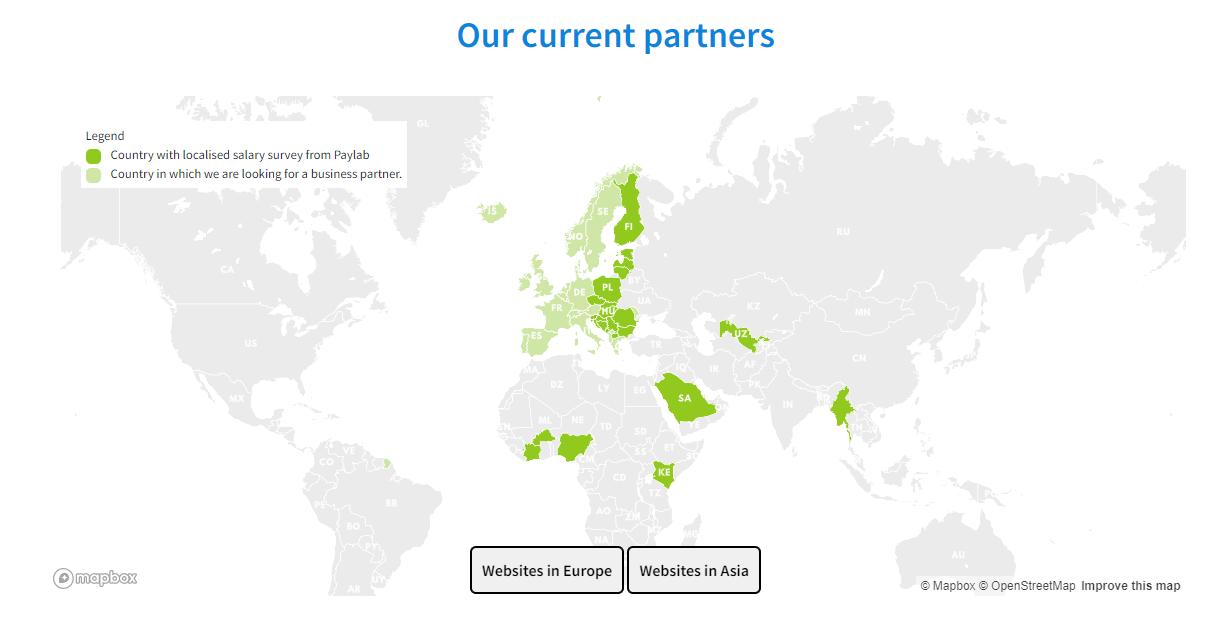 World map showing PayLab locations in green. Most are in Europe and Africa.