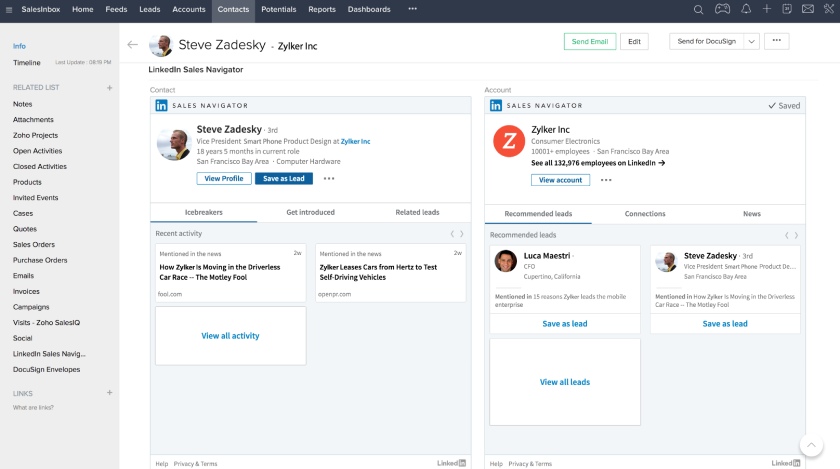 Zoho CRM integrated with LinkedIn.