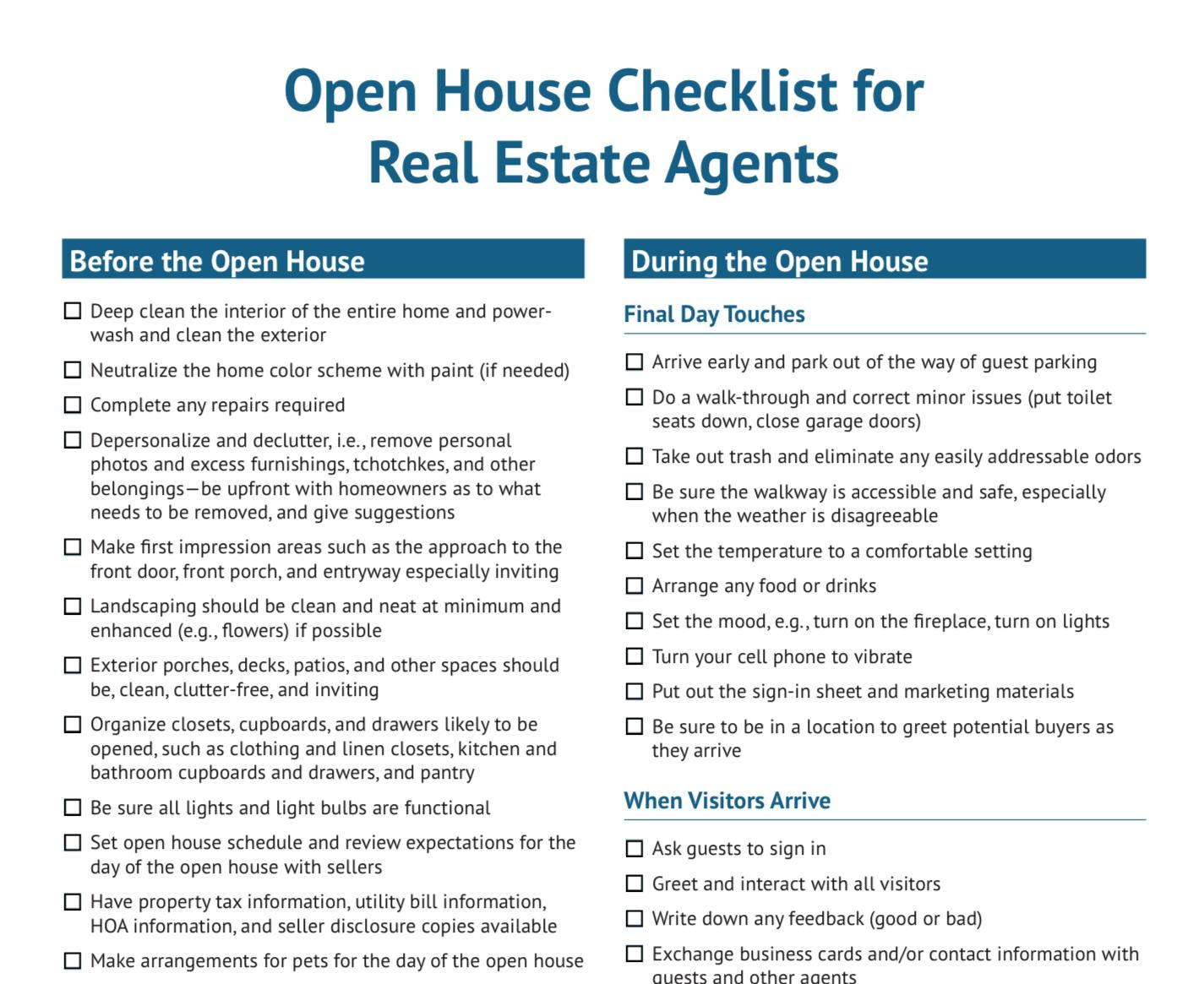 Screenshot of an open house checklist for real estate agents.