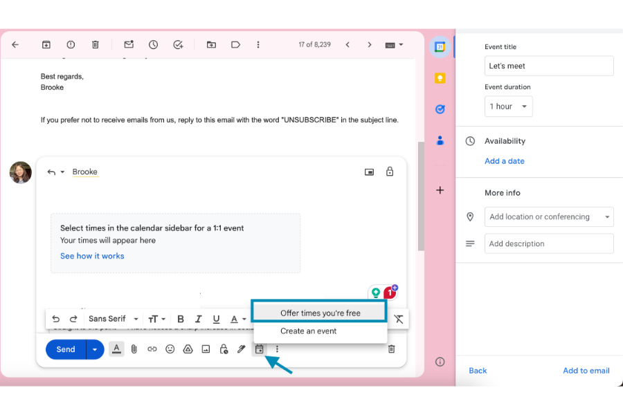 Gmail's feature to offer available meeting times to a recipient.