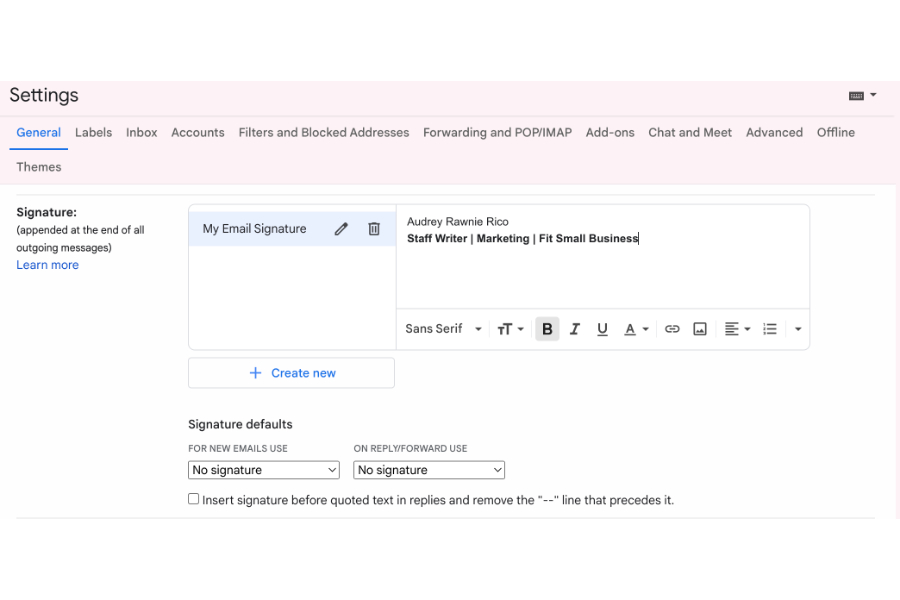 The email signature section inside your Gmail settings with a sample signature.