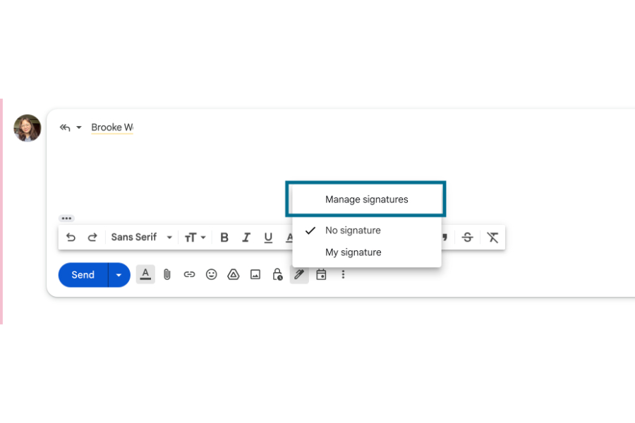 The "Manage Signatures" option to add a new email signature when composing a new email.