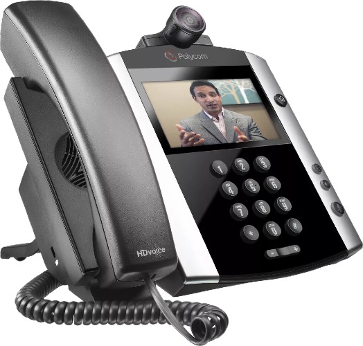 Image of the Polycom VVX 601 with compatible Polycom camera showing an ongoing video call.