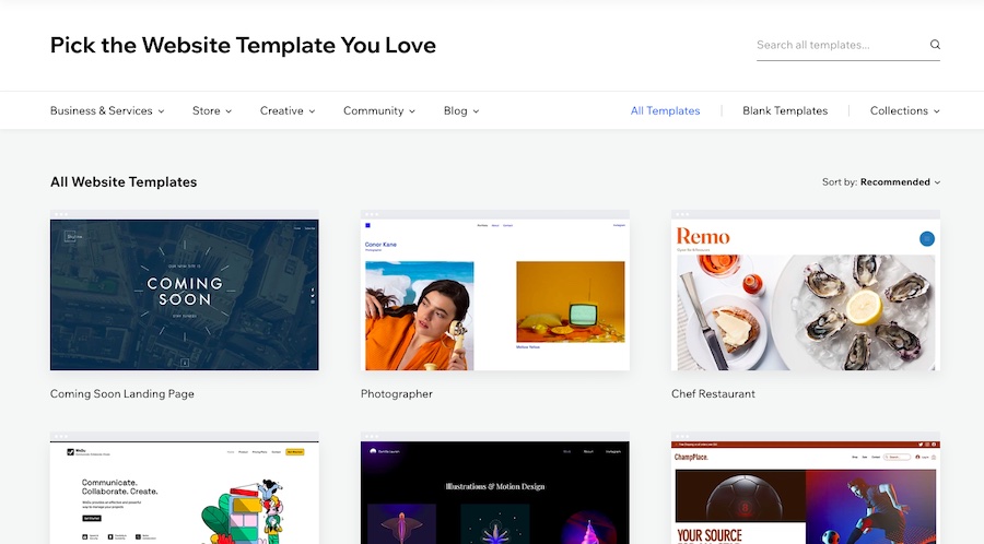 Wix templates for various websites