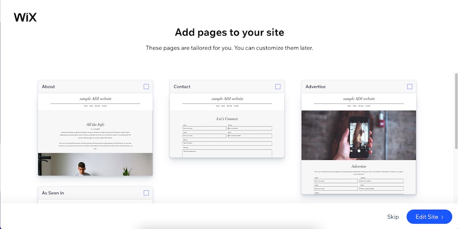 Different website pages from Wix, title is "add pages to your site"