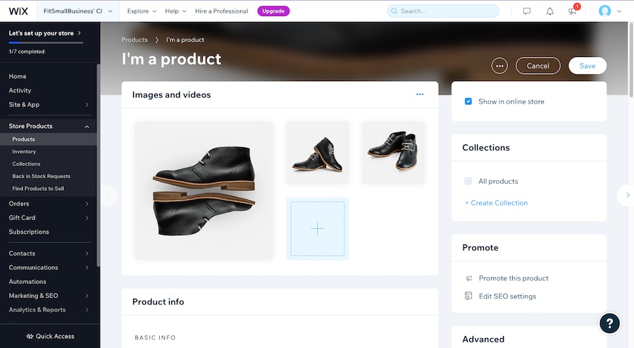 Product page on Wix dashboard