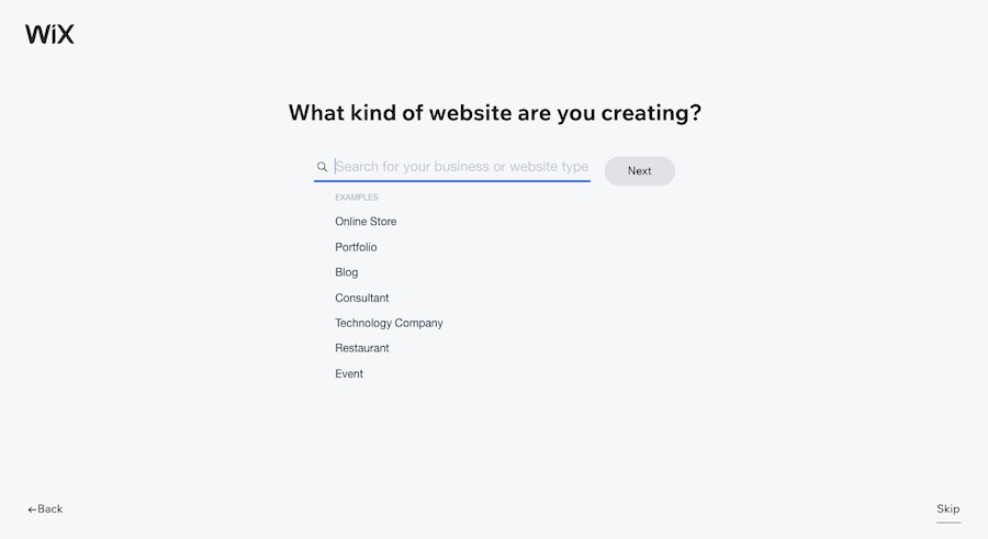 Search bar with different kinds of websites, title is "what kind of website are you creating?"