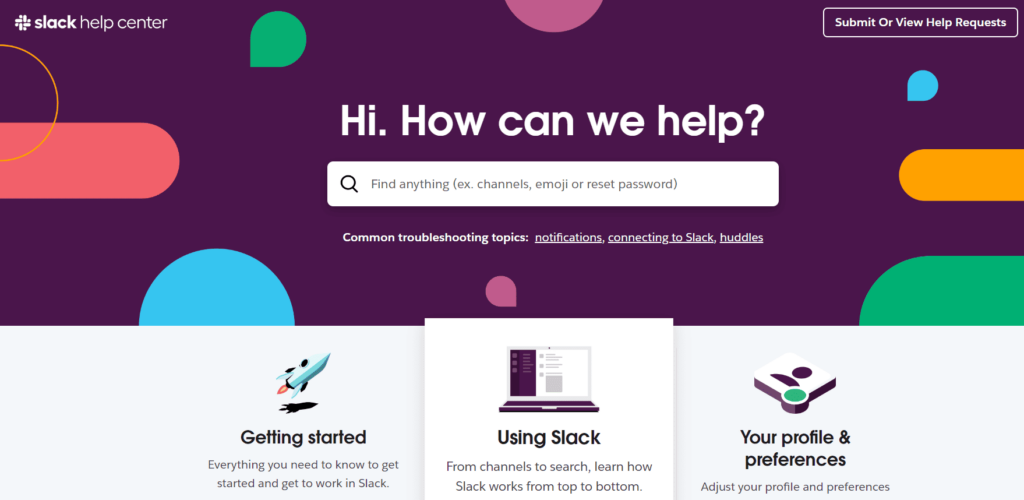 Slack Help Center landing page with onboarding tutorials and knowledge base resources.