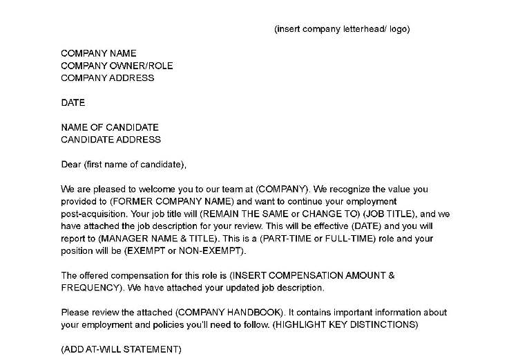Acquired company job offer template.