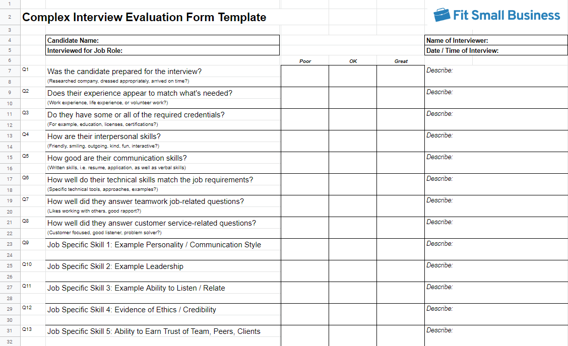 Complex Interview Evaluation Form Template.