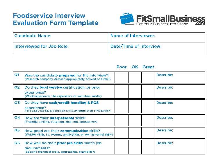 Foodservice Interview Evaluation Form Template.