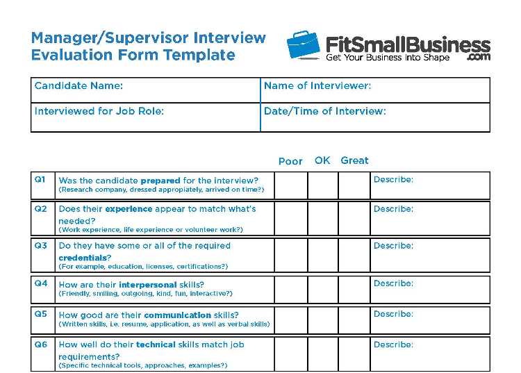 Manager/Supervisor Interview Evaluation Form Template.