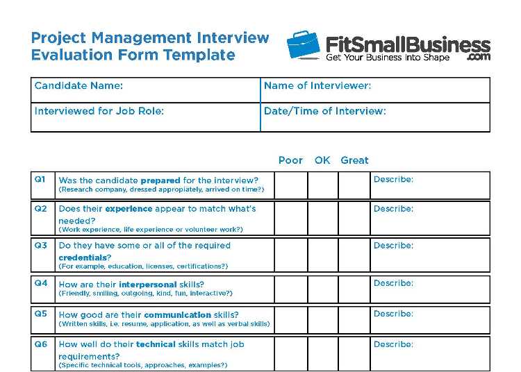 Project Management Interview Evaluation Form Template.