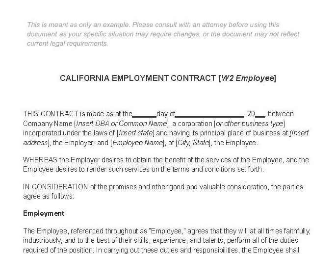 W2 employee contract tempalte california.