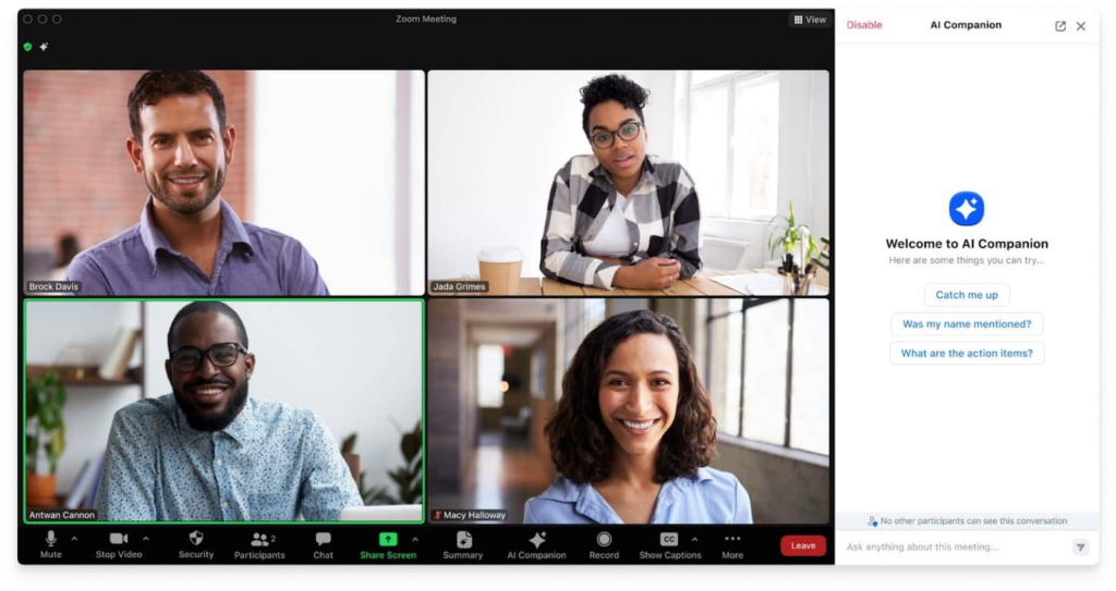 A live Zoom meeting showing four participants and the AI Companion dialog box at the right side of the screen