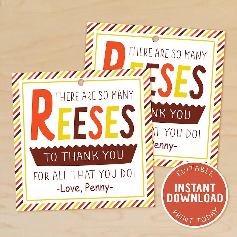 Reese’s pieces-themed sample gift tag.