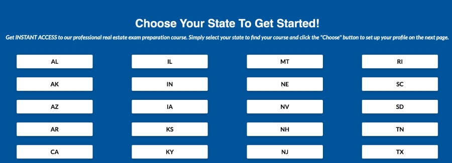 Screenshot of the states covered by Real Estate Exam Prep.