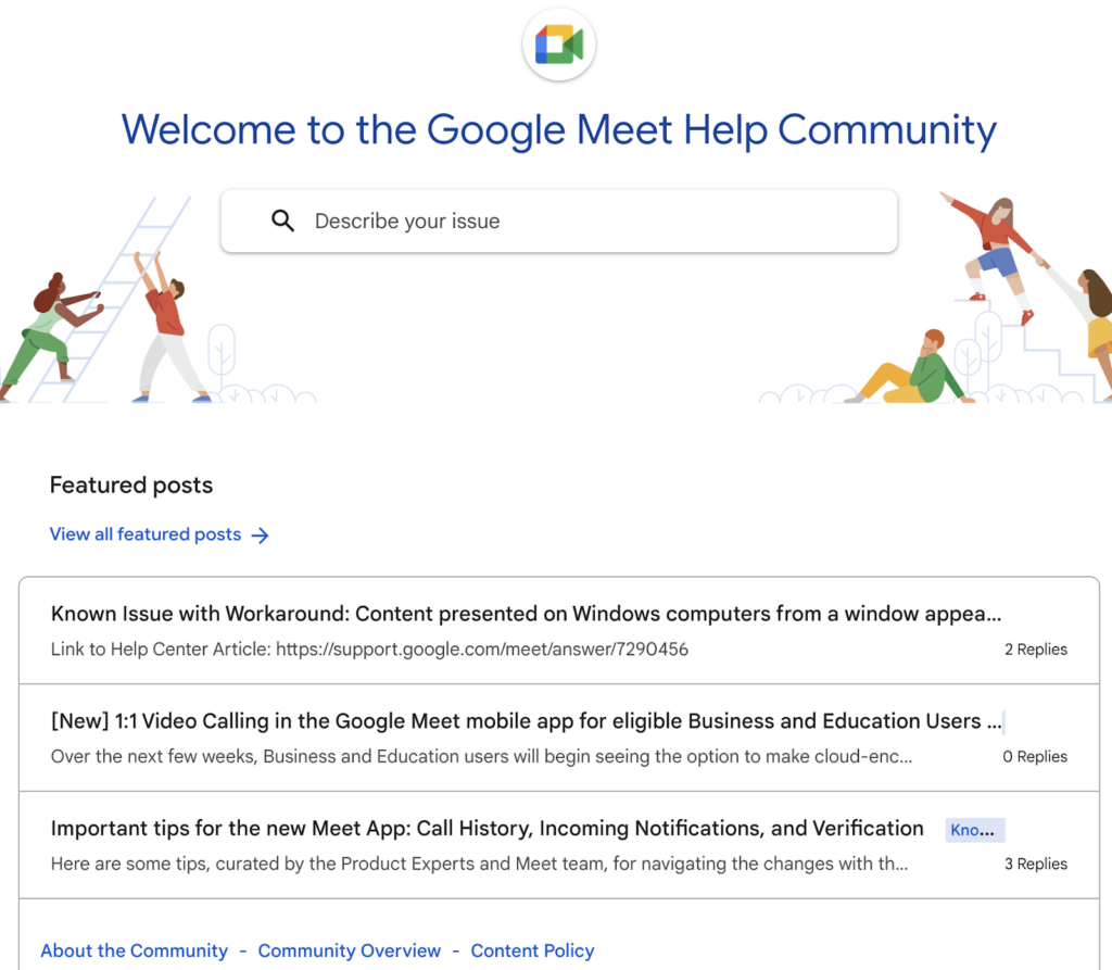 Google Meet Help Community home page with featured posts about meeting issues