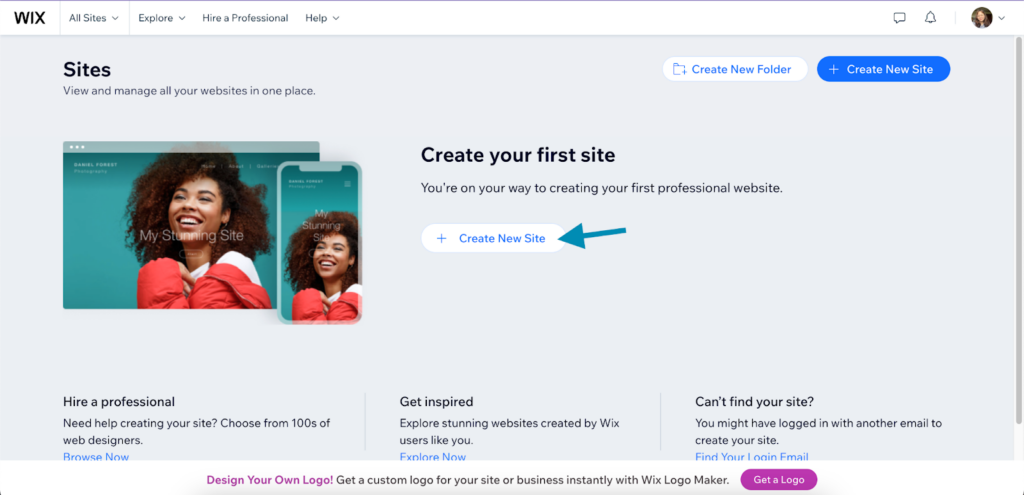 Wix's onboarding page with a button to create a new site.