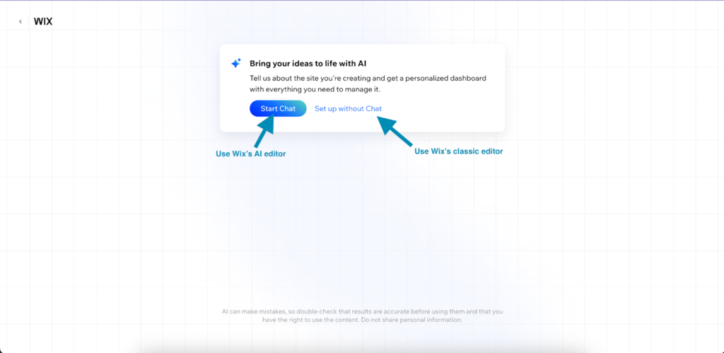 Wix's prompt to set up your website using its AI or classic editor.