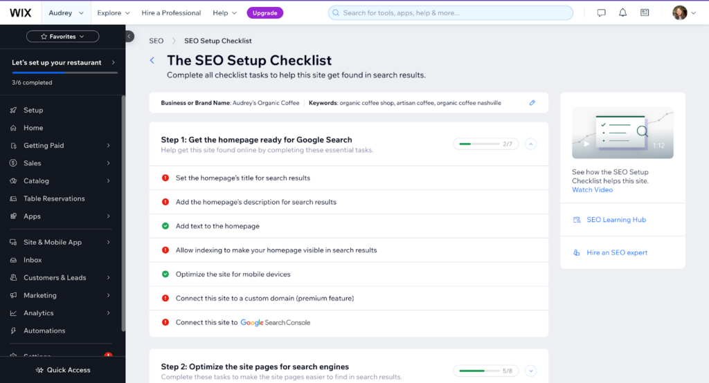 Wix's SEO Setup Checklist dashboard with various prompts.