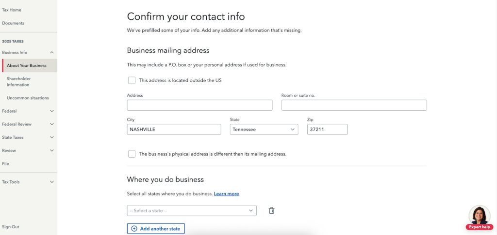 TurboTax form screen prompting users to confirm business contact details and operating states.