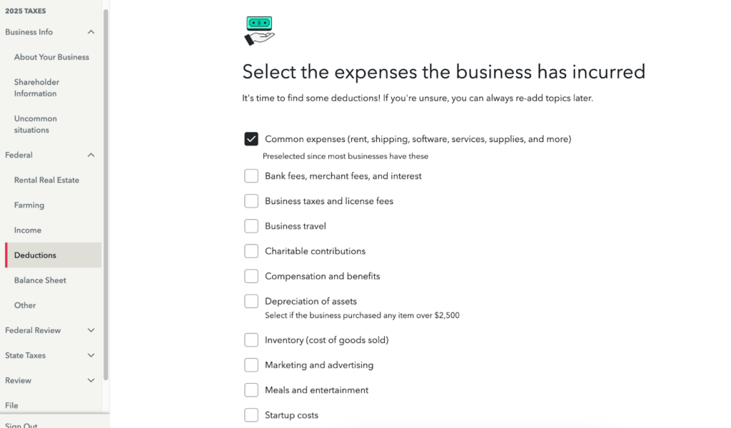 TurboTax Federal deductions screen showing selectable business expense categories with checkboxes.