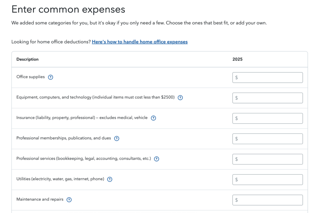 TurboTax expense entry screen with fields to enter dollar amounts for common business expenses.