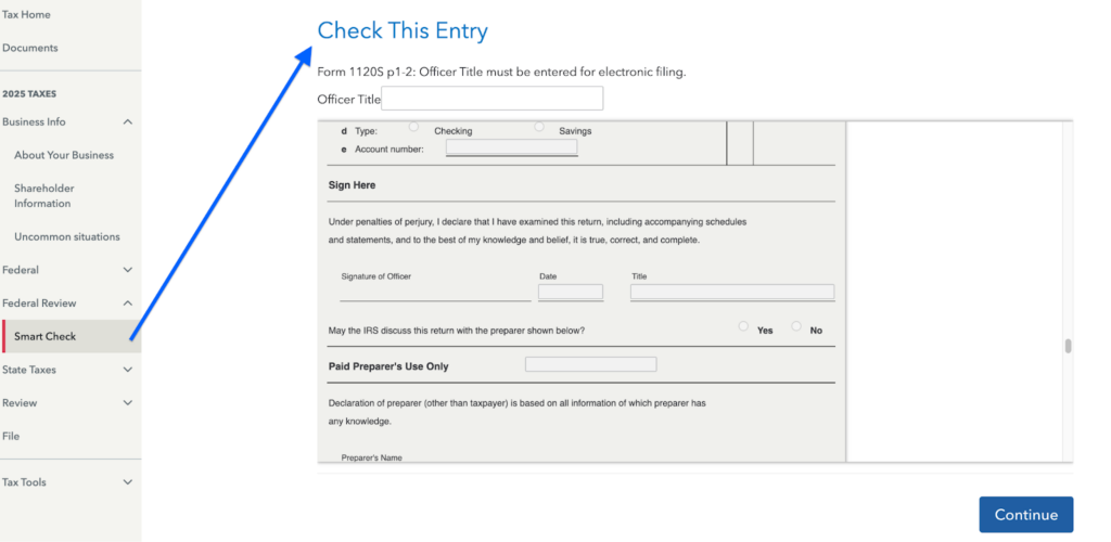 TurboTax Smart Check screen highlighting a required correction during the federal review process.