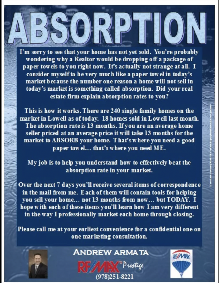 Expired listings letter with unique formatting, titled "absorption."
