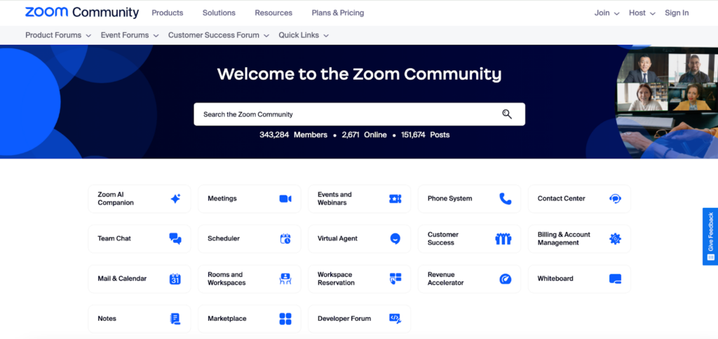 Zoom Community showing the search bar and rows of buttons representing various topics