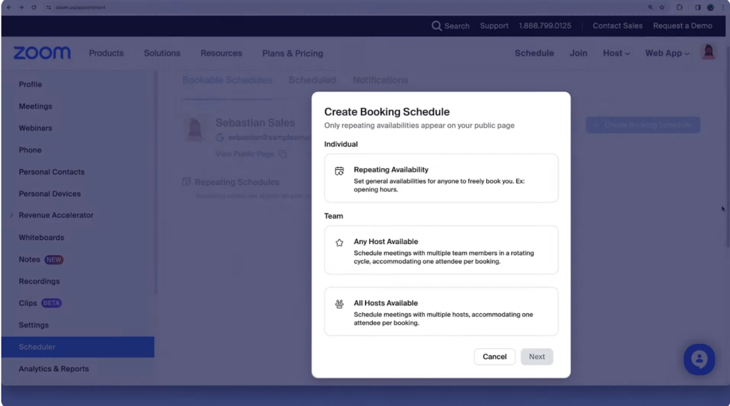 Booking schedule settings for Zoom Scheduler