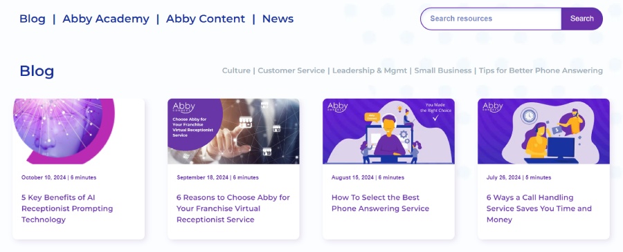 Abby Connect's resource center landing page with four articles and a site search bar.