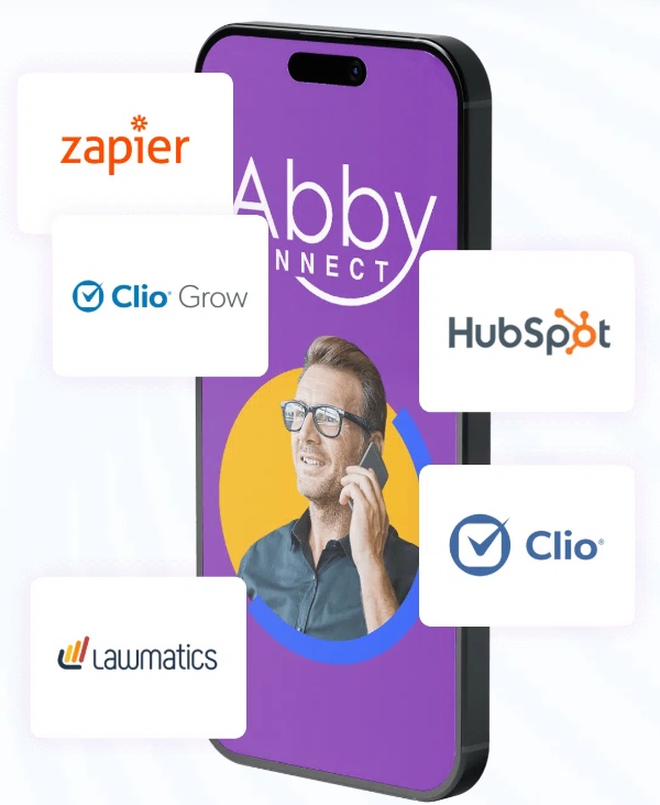 Cell phone screen with Abby Connect Logo and featured business integrations.