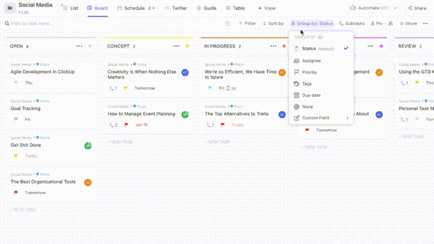 A GIF file showing the functionalities of ClickUp's project management board