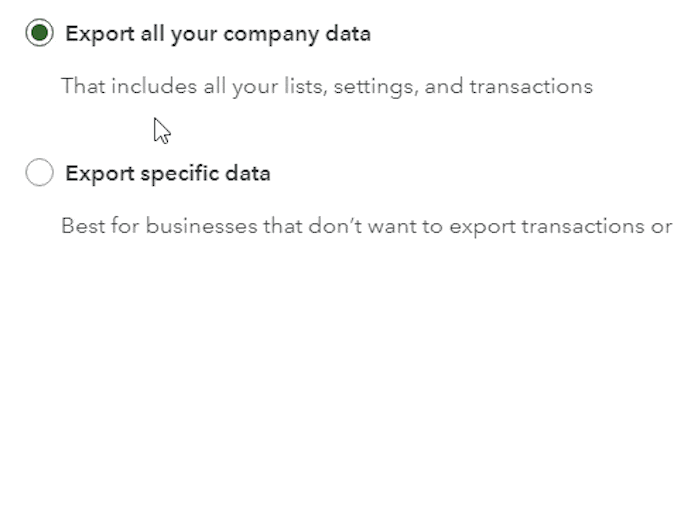 Screen where you can choose to export specific data like lists and balances to QuickBooks Desktop