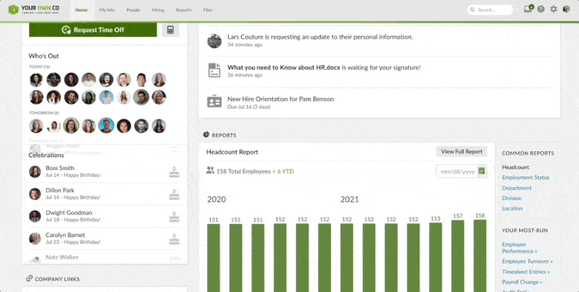 Dashboard scrolling and clicking on employment status and department tabs, with bar and circle graphs showing headcount reports.