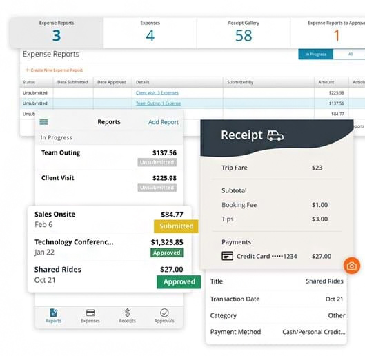 A snapshot showing the reporting and tracking features of Paylocity's expense management tool.