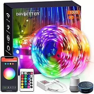 Set of multicolor LED light strips with remotes and smart device connection.