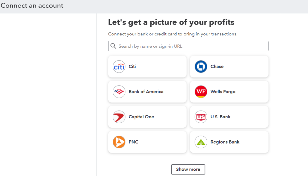 QuickBooks Online interface for connecting a company bank or credit card account